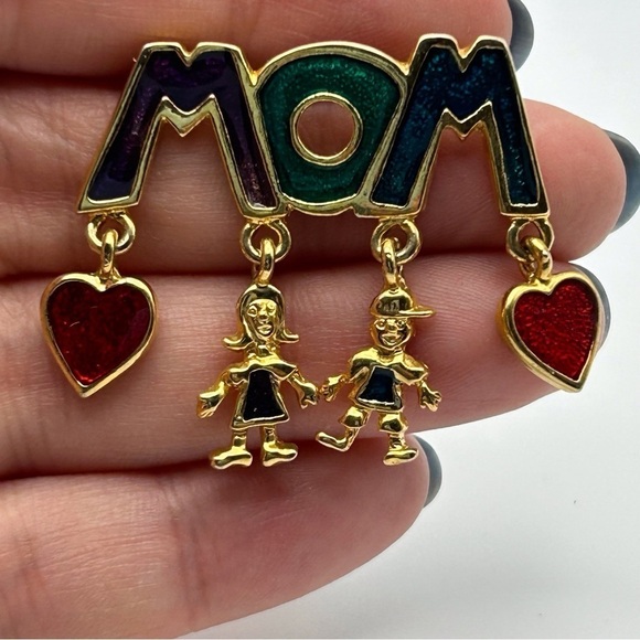 Vintage Gold Tone Mom Mother Brooch Enamel Boy and Girl Mother's Day Present - Picture 1 of 5